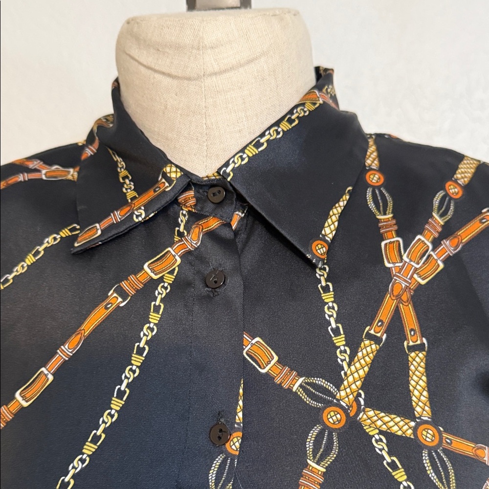 Zara trf Elegant Black and Gold Chain Print Blouse